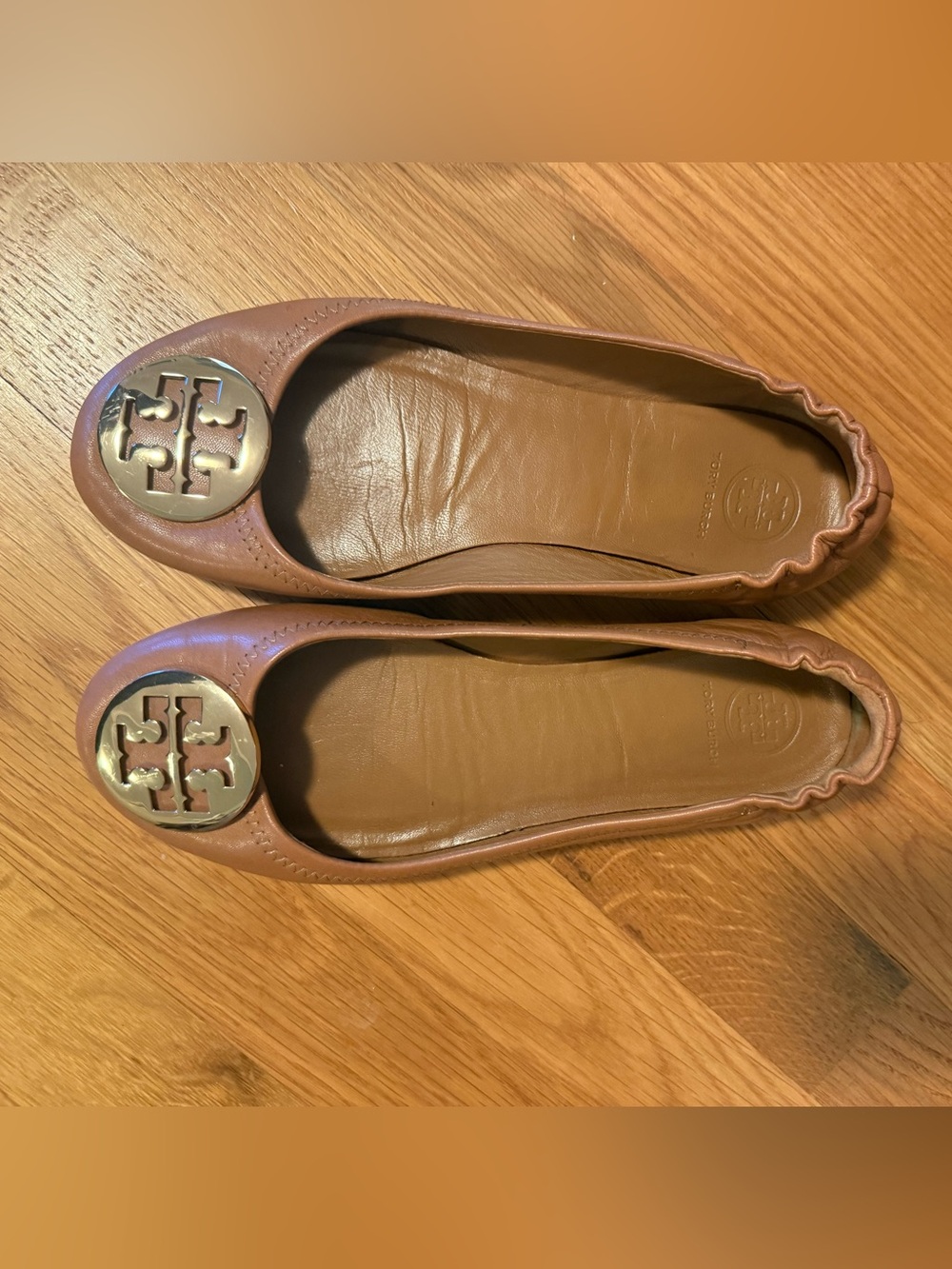 Tory Burch Tan Leather Logo Ballet Flats